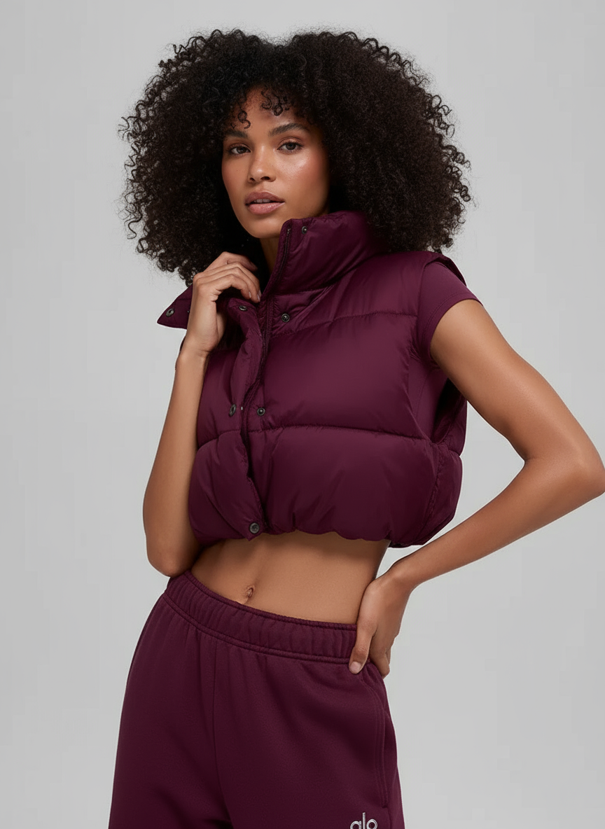 The Cropped Puffer Vest In Burgundy