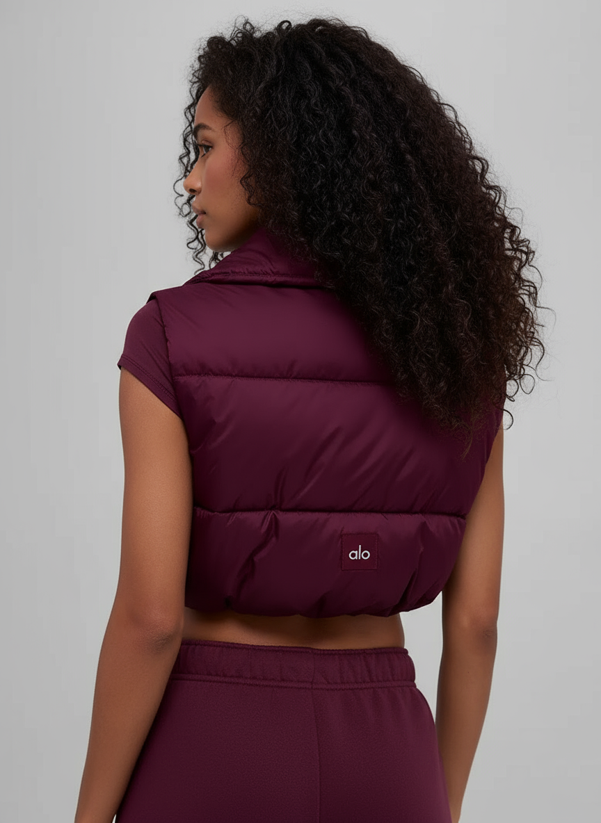 The Cropped Puffer Vest In Burgundy