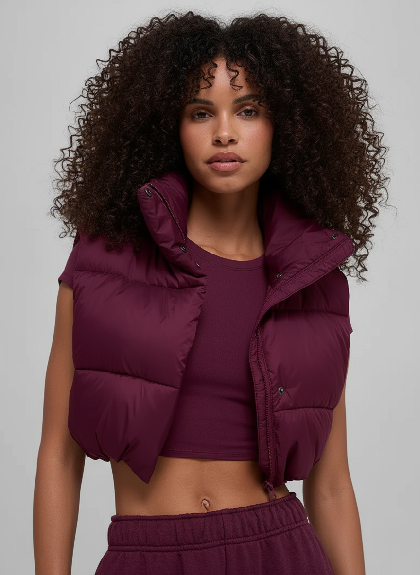 The Cropped Puffer Vest In Burgundy